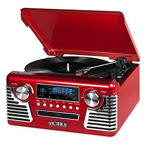  Victrola 50s Retro 3-Speed Bluetooth Turntable with Stereo, CD Player and Speakers, Red