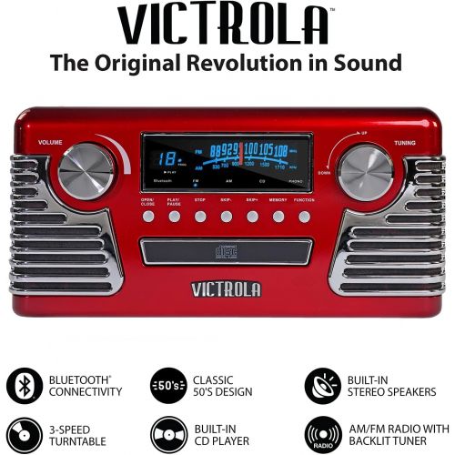  Victrola 50s Retro 3-Speed Bluetooth Turntable with Stereo, CD Player and Speakers, Red