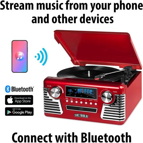  Victrola 50s Retro 3-Speed Bluetooth Turntable with Stereo, CD Player and Speakers, Red