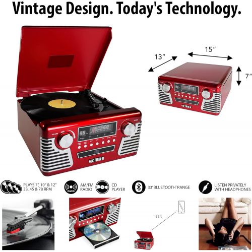  Victrola 50s Retro 3-Speed Bluetooth Turntable with Stereo, CD Player and Speakers, Red