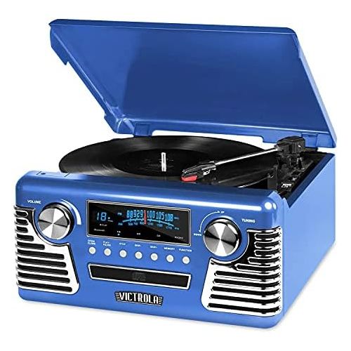  Victrola 50s Retro 3-Speed Bluetooth Turntable with Stereo, CD Player and Speakers, Blue