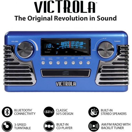  Victrola 50s Retro 3-Speed Bluetooth Turntable with Stereo, CD Player and Speakers, Blue