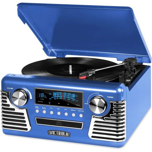  Victrola 50s Retro 3-Speed Bluetooth Turntable with Stereo, CD Player and Speakers, Blue