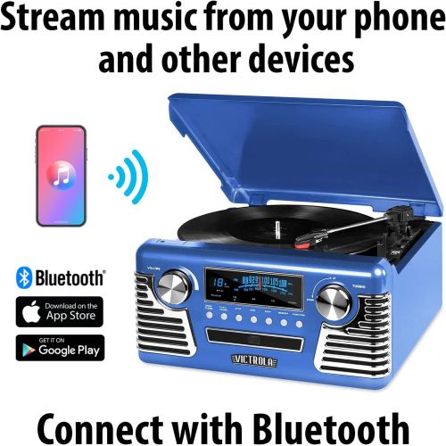  Victrola 50s Retro 3-Speed Bluetooth Turntable with Stereo, CD Player and Speakers, Blue