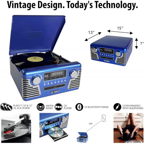  Victrola 50s Retro 3-Speed Bluetooth Turntable with Stereo, CD Player and Speakers, Blue