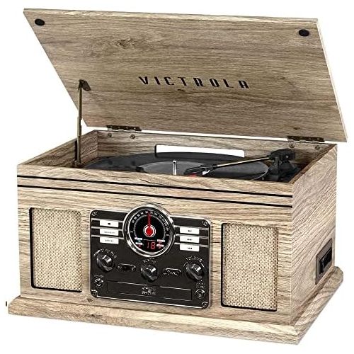  Victrola Nostalgic Classic Wood 6-in-1 Bluetooth Turntable Entertainment Center, Farmhouse Oatmeal VTA-200B-FOT