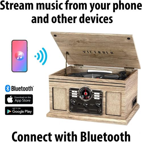  Victrola Nostalgic Classic Wood 6-in-1 Bluetooth Turntable Entertainment Center, Farmhouse Oatmeal VTA-200B-FOT