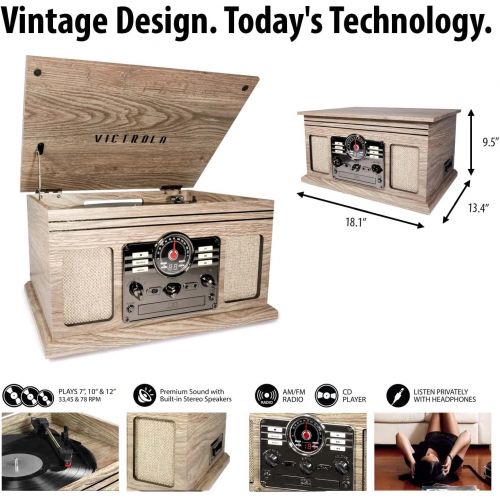  Victrola Nostalgic Classic Wood 6-in-1 Bluetooth Turntable Entertainment Center, Farmhouse Oatmeal VTA-200B-FOT