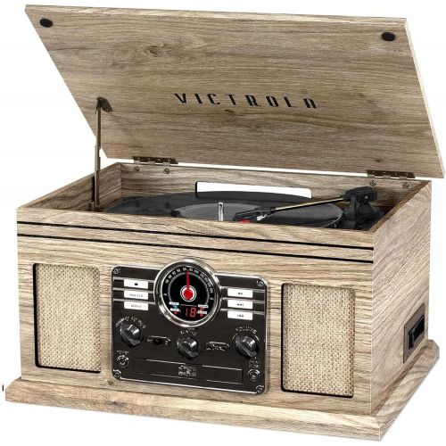  Victrola Nostalgic Classic Wood 6-in-1 Bluetooth Turntable Entertainment Center, Farmhouse Oatmeal VTA-200B-FOT