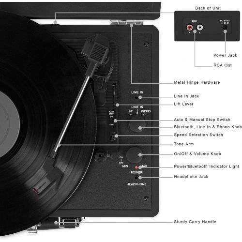 Victrola Vintage 3-Speed Bluetooth Suitcase Turntable with Speakers, Black