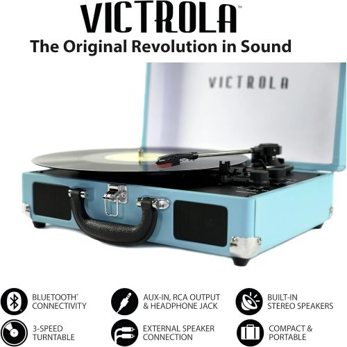  Innovative Technology VSC-550BT-TQ Victrola Vintage 3-Speed Bluetooth Suitcase Turntable with Speakers, Turquoise