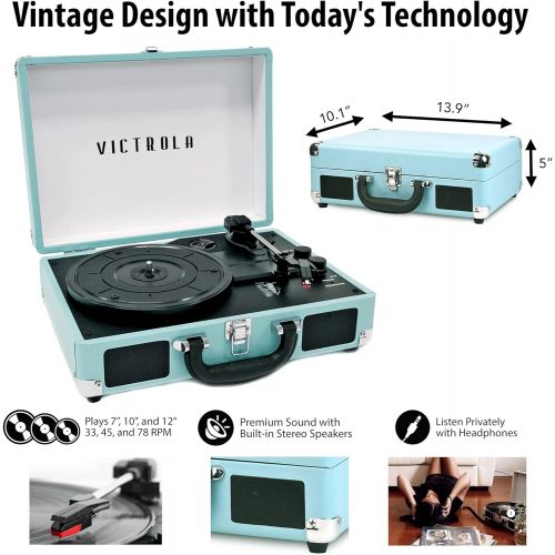  Innovative Technology VSC-550BT-TQ Victrola Vintage 3-Speed Bluetooth Suitcase Turntable with Speakers, Turquoise