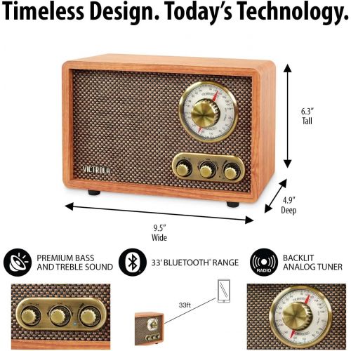  Victrola Retro Wood Bluetooth Radio with Built-in Speakers, Elegant & Vintage Design, Rotary AM/FM Tuning Dial, Wireless Streaming, Walnut