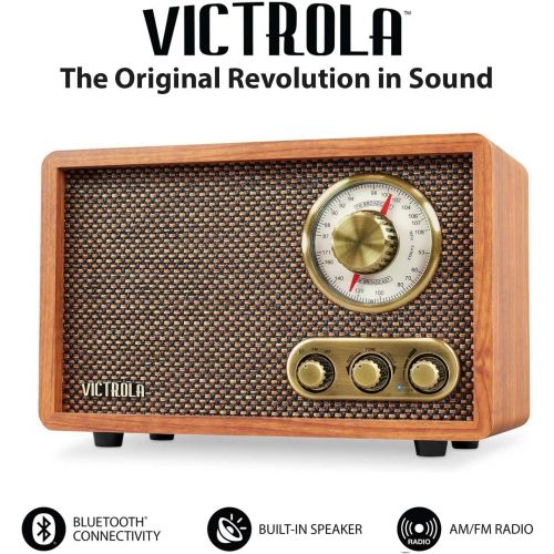  Victrola Retro Wood Bluetooth Radio with Built-in Speakers, Elegant & Vintage Design, Rotary AM/FM Tuning Dial, Wireless Streaming, Walnut