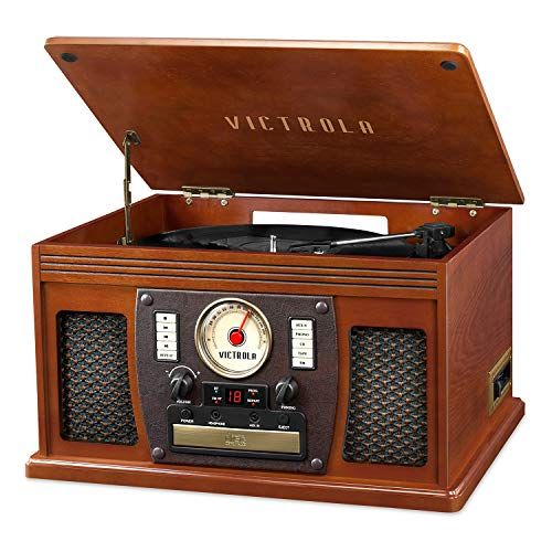  Victrolas 7-in-1 Sherwood Bluetooth Recordable Record Player with 3-Speed Turntable, CD, Cassette Player and FM Radio