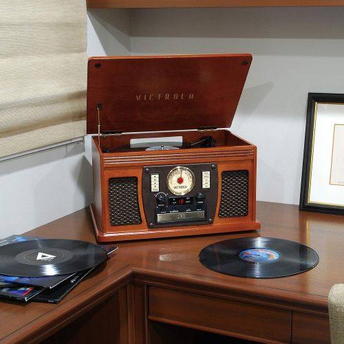  Victrolas 7-in-1 Sherwood Bluetooth Recordable Record Player with 3-Speed Turntable, CD, Cassette Player and FM Radio