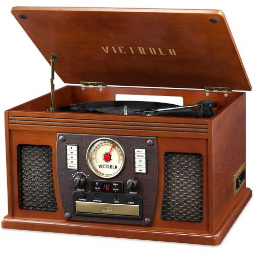  Victrolas 7-in-1 Sherwood Bluetooth Recordable Record Player with 3-Speed Turntable, CD, Cassette Player and FM Radio