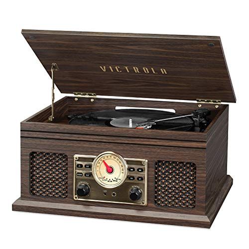  Victrola 4-in-1 Nostalgic Bluetooth Record Player with 3-Speed Record Turntable and FM Radio, Espresso