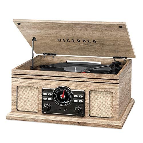  Victrola 4-in-1 Nostalgic Bluetooth Record Player with 3-Speed Record Turntable and FM Radio, Farmhouse Oatmeal