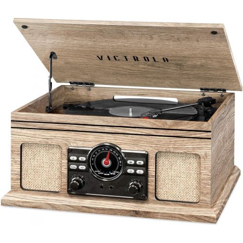  Victrola 4-in-1 Nostalgic Bluetooth Record Player with 3-Speed Record Turntable and FM Radio, Farmhouse Oatmeal