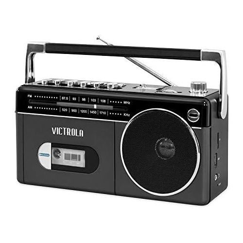  Victrola Mini Bluetooth Boombox with Cassette Player, Recorder and Am/FM Radio, Grey