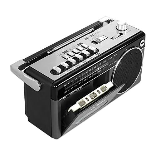  Victrola Mini Bluetooth Boombox with Cassette Player, Recorder and Am/FM Radio, Grey