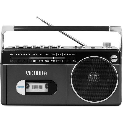  Victrola Mini Bluetooth Boombox with Cassette Player, Recorder and Am/FM Radio, Grey
