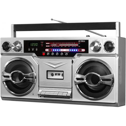  Victrola VBB-10-SLV 1980s Bluetooth Boombox with Cassette Player and AM/FM Radio, Silver