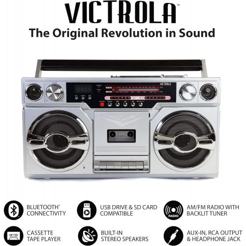  Victrola VBB-10-SLV 1980s Bluetooth Boombox with Cassette Player and AM/FM Radio, Silver