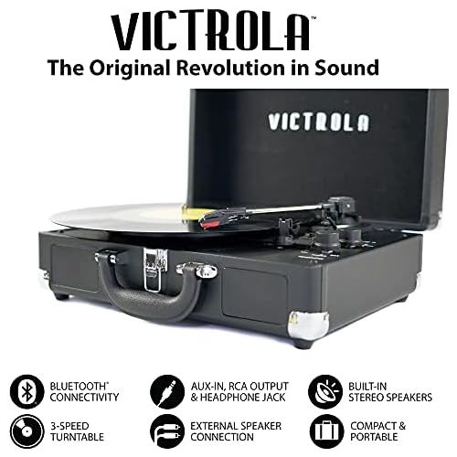  Victrola Vintage 3-Speed Bluetooth Suitcase Turntable with Speakers, Black Velvet