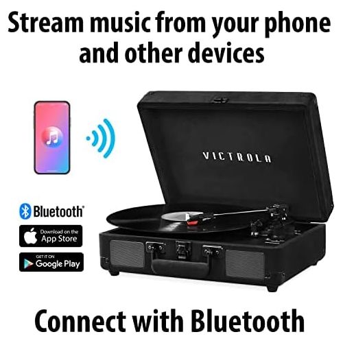  Victrola Vintage 3-Speed Bluetooth Suitcase Turntable with Speakers, Black Velvet