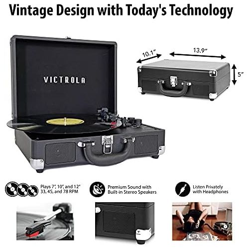  Victrola Vintage 3-Speed Bluetooth Suitcase Turntable with Speakers, Black Velvet