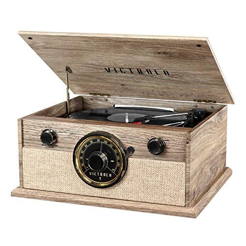  Victrola 4-in-1 Cambridge Farmhouse Modern Bluetooth Turntable with FM Radio, Farmhouse Oatmeal