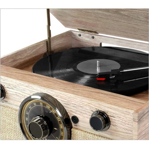  Victrola 4-in-1 Cambridge Farmhouse Modern Bluetooth Turntable with FM Radio, Farmhouse Oatmeal