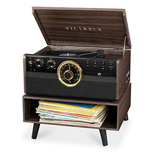  Victrola 6-in-1 Wood Bluetooth Mid Century Record Player with 3-Speed Turntable, CD, Cassette Player and Radio with Storage Stand