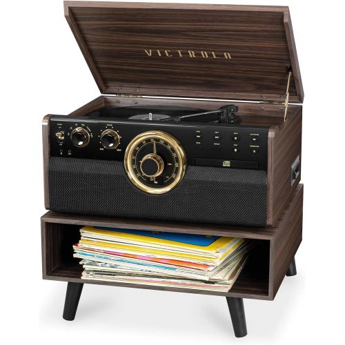  Victrola 6-in-1 Wood Bluetooth Mid Century Record Player with 3-Speed Turntable, CD, Cassette Player and Radio with Storage Stand