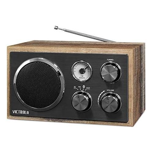  Victrola Wooden Desktop FM Radio with Bluetooth, Farmhouse Shiplap Grey