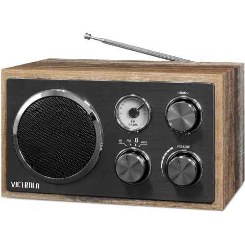  Victrola Wooden Desktop FM Radio with Bluetooth, Farmhouse Shiplap Grey