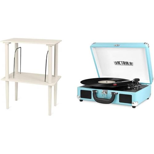 Victrola Wooden Stand for Wooden Music Centers with Record Holder Shelf, White & Vintage 3-Speed Bluetooth Portable Suitcase Record Player with Built-in Speakers Upgraded Turntable