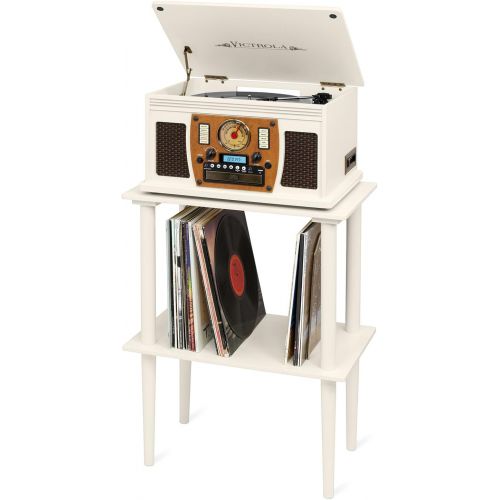  Victrola Wooden Stand for Wooden Music Centers with Record Holder Shelf, White & Vintage 3-Speed Bluetooth Portable Suitcase Record Player with Built-in Speakers Upgraded Turntable