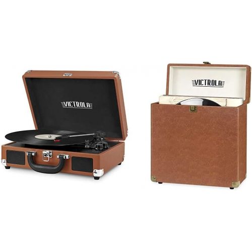  Victrola Vintage Bluetooth Portable Suitcase Record Player & Vintage Vinyl Record Storage and Carrying Case, Fits All Standard Records - 33 1/3, 45 and 78 RPM, Holds 30 Albums, Bro