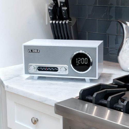  Victrola Bluetooth Digital Clock Stereo with FM Radio and USB Charging, White