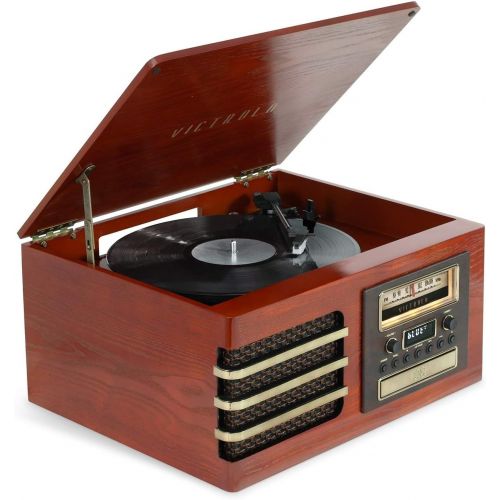  Victrola Wooden Music Center + Improved Stereo Sound, Bluetooth Out, Improved Platter (Ellington), Mahogany (VTA-380SB-MAH-SDF)
