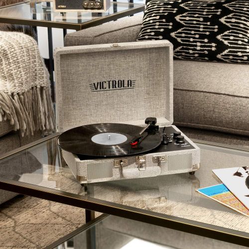  Victrola Vintage 3-Speed Bluetooth Portable Suitcase Record Player with Built-in Speakers Upgraded Turntable Audio Sound Includes Extra Stylus Light Gray