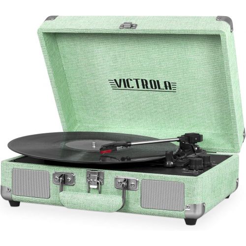  Victrola Vintage 3-Speed Bluetooth Portable Suitcase Record Player with Built-in Speakers Upgraded Turntable Audio Sound Includes Extra Stylus Light Mint Green Linen