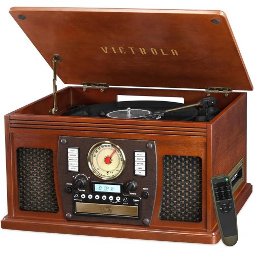 Victrola Navigator 8-in-1 Classic Bluetooth Record Player with USB Encoding and 3-Speed Turntable Bundle with Victrola Wooden Stand for Wooden Music Centers with Record Holder Shel