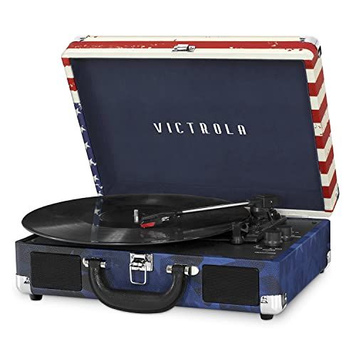  Victrola Vintage 3-Speed Bluetooth Portable Suitcase Record Player with Built-in Speakers Upgraded Turntable Audio Sound Includes Extra Stylus American Flag (VSC-550BT-USA) Amercan