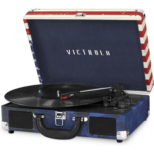  Victrola Vintage 3-Speed Bluetooth Portable Suitcase Record Player with Built-in Speakers Upgraded Turntable Audio Sound Includes Extra Stylus American Flag (VSC-550BT-USA) Amercan