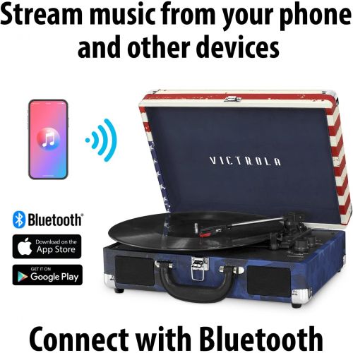  Victrola Vintage 3-Speed Bluetooth Portable Suitcase Record Player with Built-in Speakers Upgraded Turntable Audio Sound Includes Extra Stylus American Flag (VSC-550BT-USA) Amercan