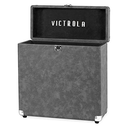 Victrola Vintage Vinyl Record Storage and Carrying Case, Fits all Standard Records - 33 1/3, 45 and 78 RPM, Holds 30 Albums, Perfect for your Treasured Record Collection, Gray, 1SF